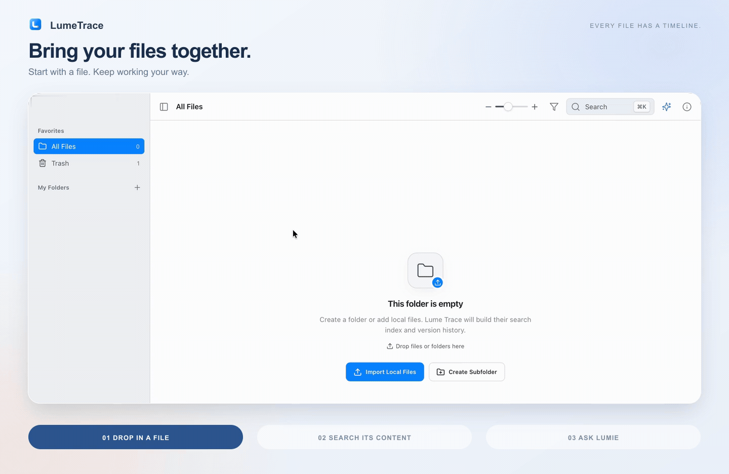 LumeTrace app demonstration showing workspace, search, Lumie AI, and file history